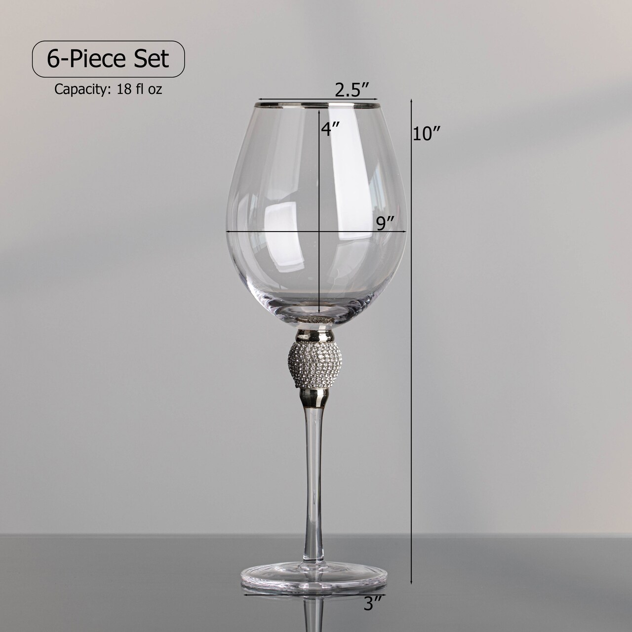 Set of 6 Red Wine Glasses with Diamond Rhinestone Accent - 18 oz, 10 Inches Tall - Perfect Toasting Glasses for Bride and Groom, Great for Party, Wedding Anniversary and Special Occasion